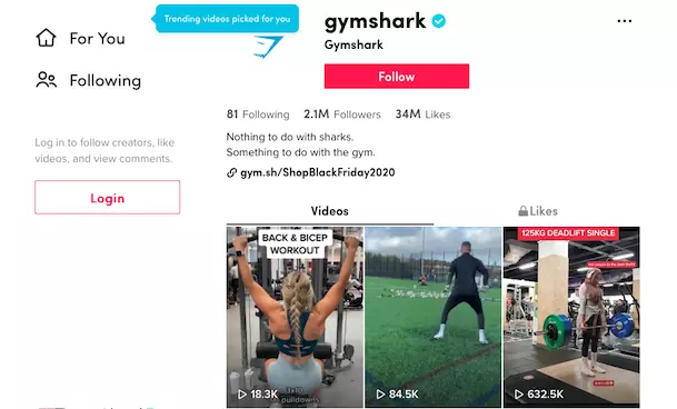 GymShark's TikTok page